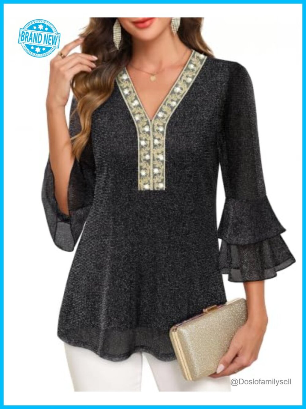 Womens 3/4 Sleeve V Neck Ruffle Mesh Blouse Double Layer Top